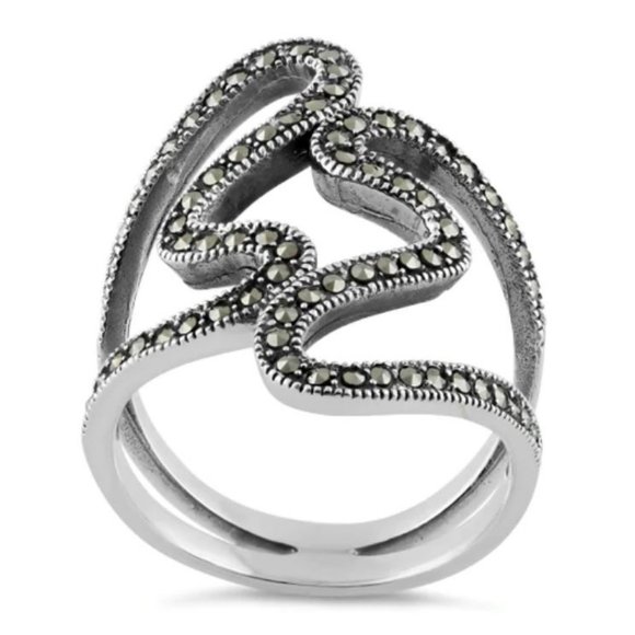925 STERLING SILVER Modern Curvy Marcasite Statement Ring - Picture 14 of 16